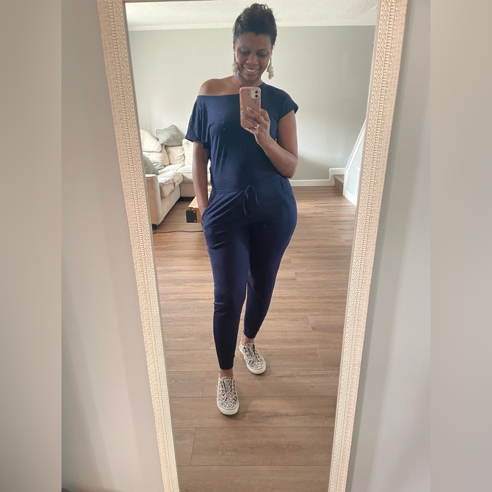 Plus Size Off the Shoulder Navy Jumpsuit